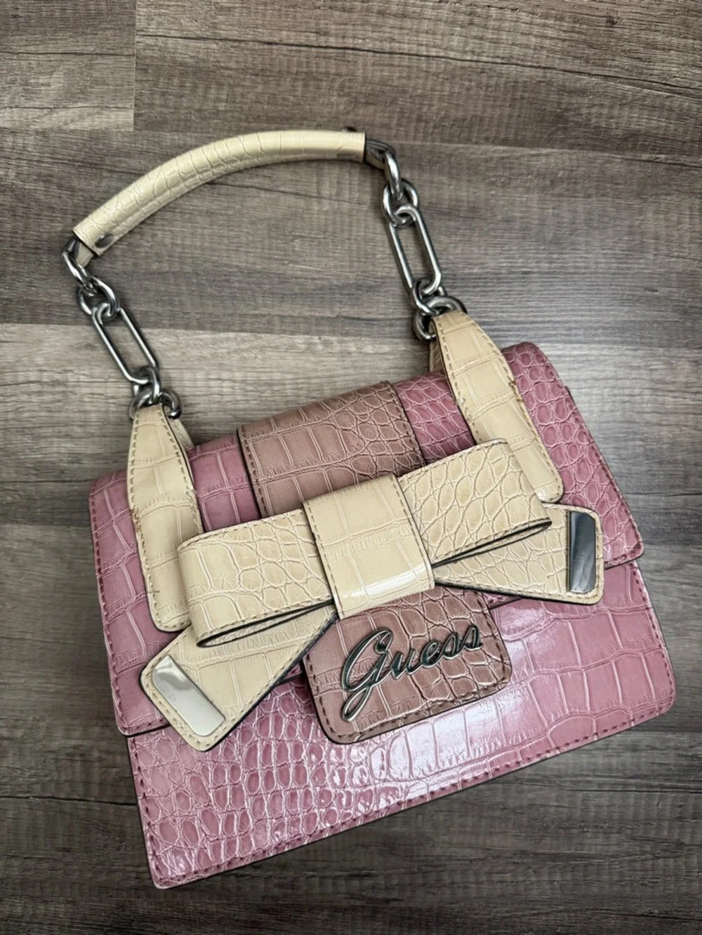 Guess Pink and Cream Croc-Embossed Satchel with Bow Accent
